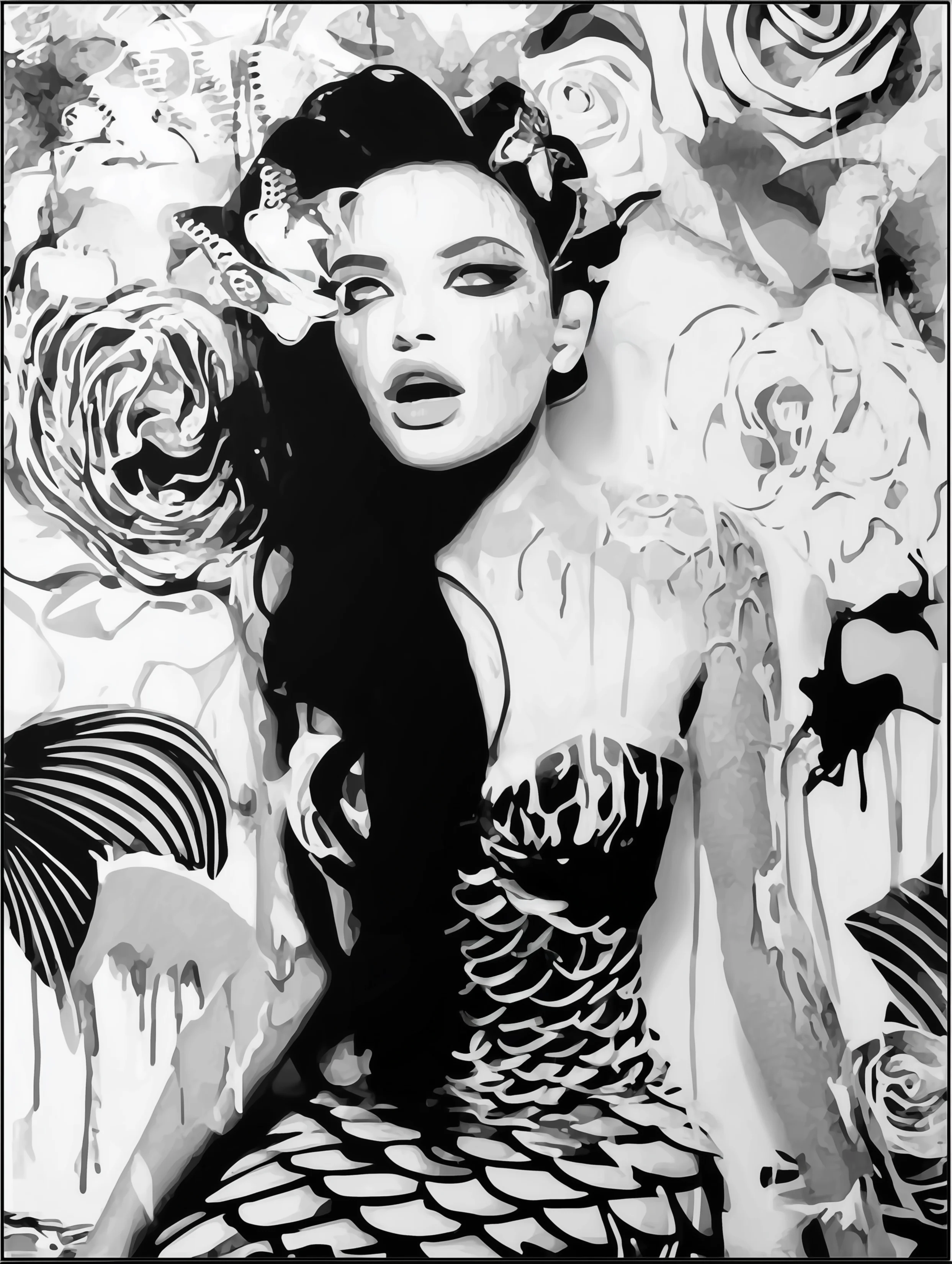 Free printable mermaid coloring page for adults featuring melting mermaid with floral background